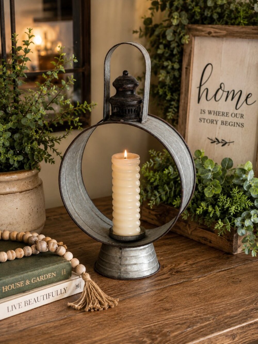 Metal Lantern Candle Plant Holder Farmhouse Decor Rustic Galvanized Lantern 22"